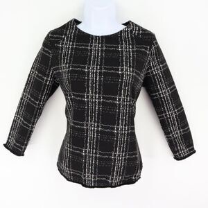 W5 Blouse 3/4 Sleeves Womens Sz XS Black Plaid Polyester Blend Zipper Round Neck